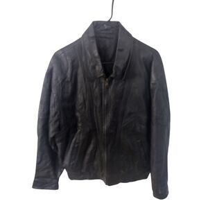 70s Black Leather Bomber Jacket Large - Vintage Handmade Rocker Style Biker Coat